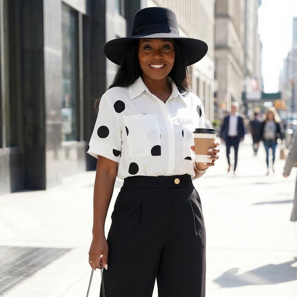 White Polka Dot Button-Up Shirt for Women β Short Sleeve Collared Blouse